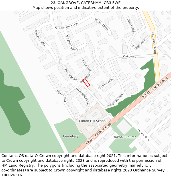 23, OAKGROVE, CATERHAM, CR3 5WE: Location map and indicative extent of plot