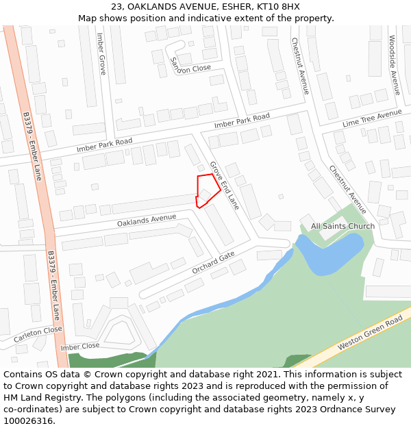 23, OAKLANDS AVENUE, ESHER, KT10 8HX: Location map and indicative extent of plot