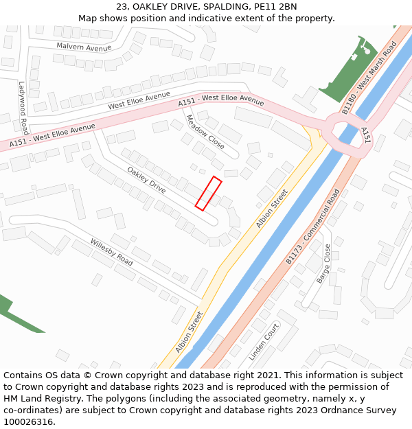 23, OAKLEY DRIVE, SPALDING, PE11 2BN: Location map and indicative extent of plot