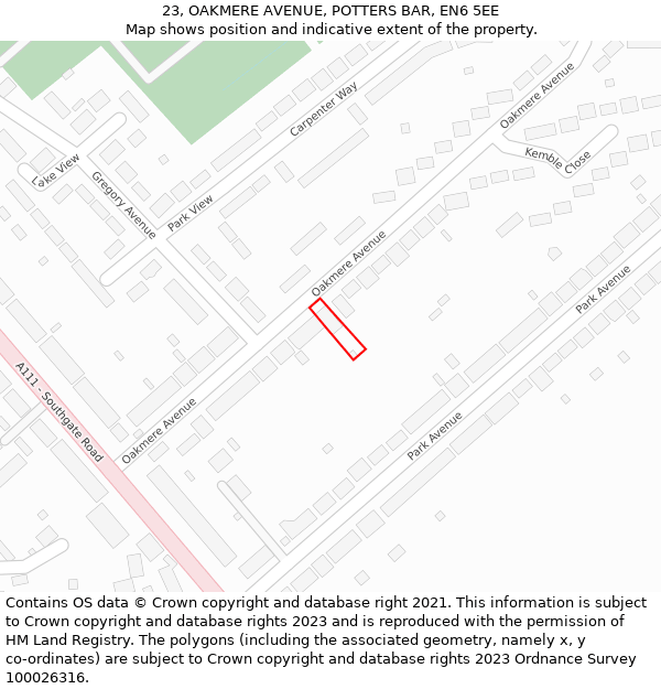 23, OAKMERE AVENUE, POTTERS BAR, EN6 5EE: Location map and indicative extent of plot