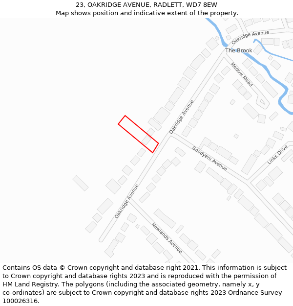 23, OAKRIDGE AVENUE, RADLETT, WD7 8EW: Location map and indicative extent of plot