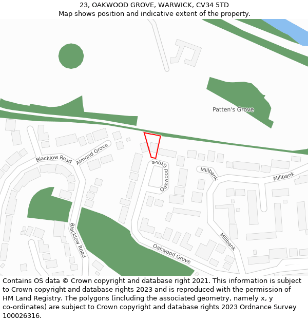23, OAKWOOD GROVE, WARWICK, CV34 5TD: Location map and indicative extent of plot
