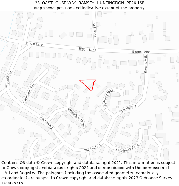 23, OASTHOUSE WAY, RAMSEY, HUNTINGDON, PE26 1SB: Location map and indicative extent of plot