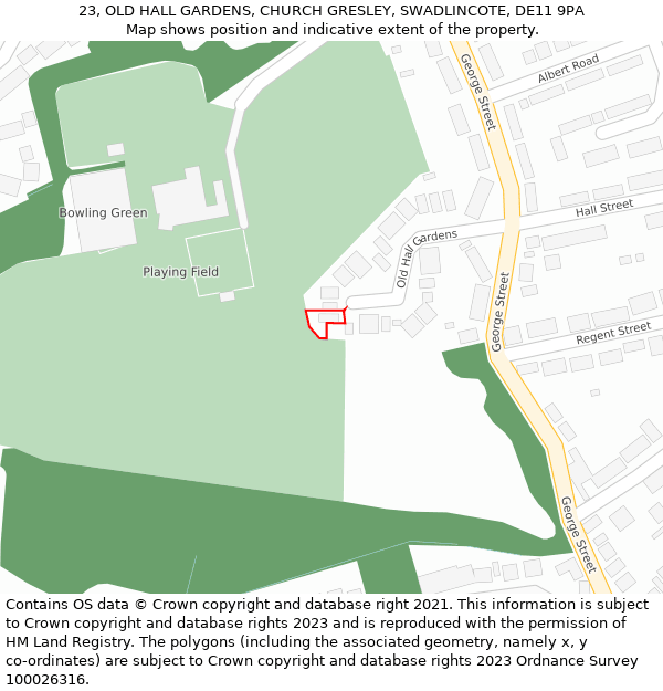 23, OLD HALL GARDENS, CHURCH GRESLEY, SWADLINCOTE, DE11 9PA: Location map and indicative extent of plot
