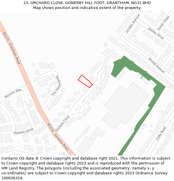 23, ORCHARD CLOSE, GONERBY HILL FOOT, GRANTHAM, NG31 8HD: Location map and indicative extent of plot