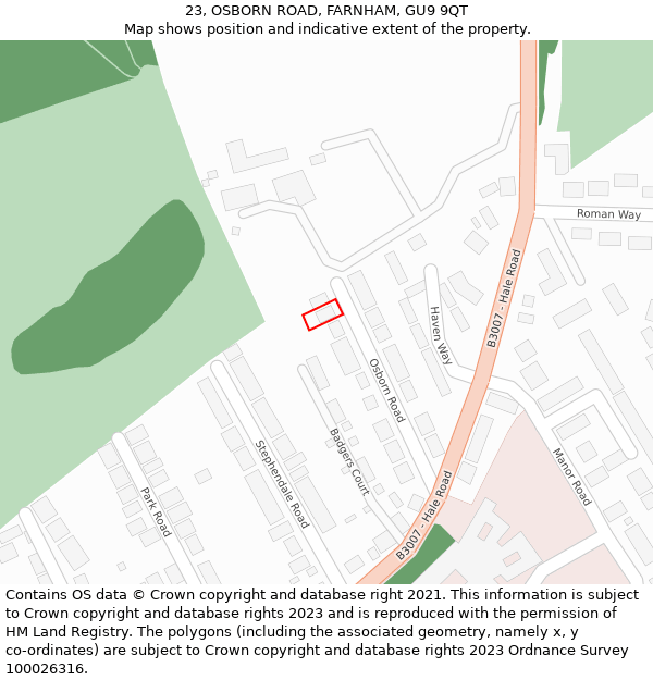 23, OSBORN ROAD, FARNHAM, GU9 9QT: Location map and indicative extent of plot