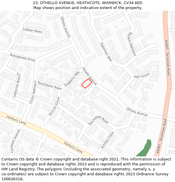 23, OTHELLO AVENUE, HEATHCOTE, WARWICK, CV34 6ED: Location map and indicative extent of plot