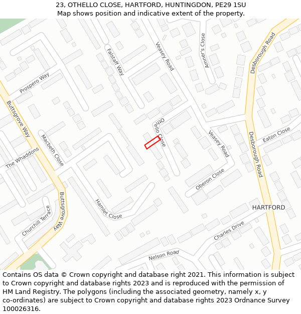 23, OTHELLO CLOSE, HARTFORD, HUNTINGDON, PE29 1SU: Location map and indicative extent of plot