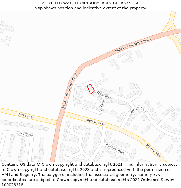 23, OTTER WAY, THORNBURY, BRISTOL, BS35 1AE: Location map and indicative extent of plot