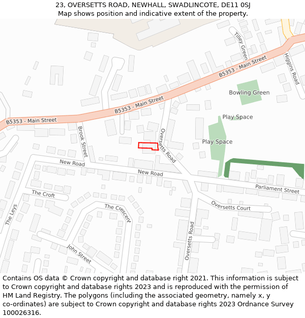 23, OVERSETTS ROAD, NEWHALL, SWADLINCOTE, DE11 0SJ: Location map and indicative extent of plot