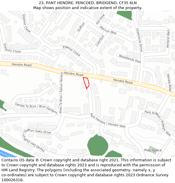 23, PANT HENDRE, PENCOED, BRIDGEND, CF35 6LN: Location map and indicative extent of plot