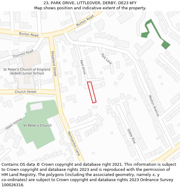 23, PARK DRIVE, LITTLEOVER, DERBY, DE23 6FY: Location map and indicative extent of plot