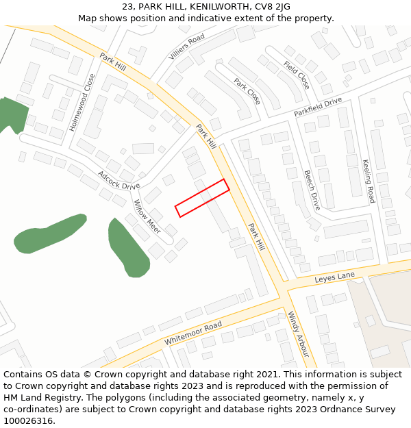 23, PARK HILL, KENILWORTH, CV8 2JG: Location map and indicative extent of plot