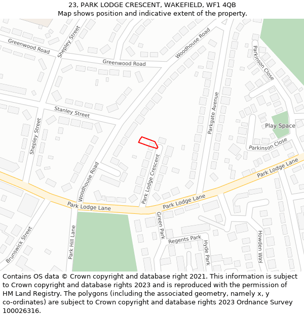 23, PARK LODGE CRESCENT, WAKEFIELD, WF1 4QB: Location map and indicative extent of plot