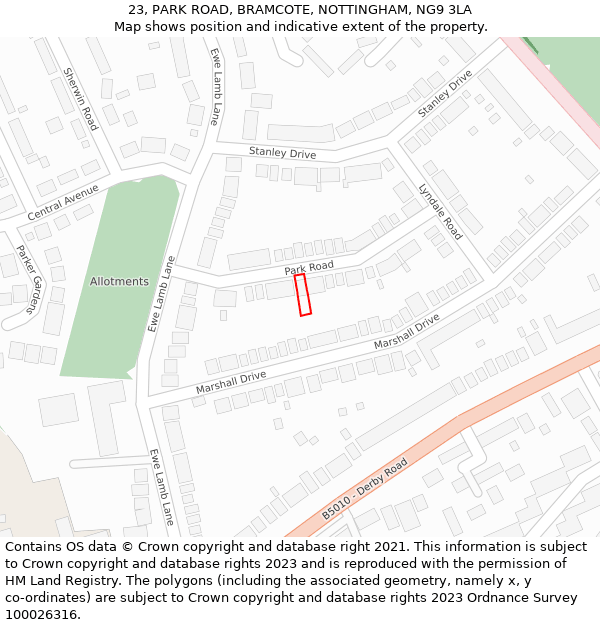 23, PARK ROAD, BRAMCOTE, NOTTINGHAM, NG9 3LA: Location map and indicative extent of plot