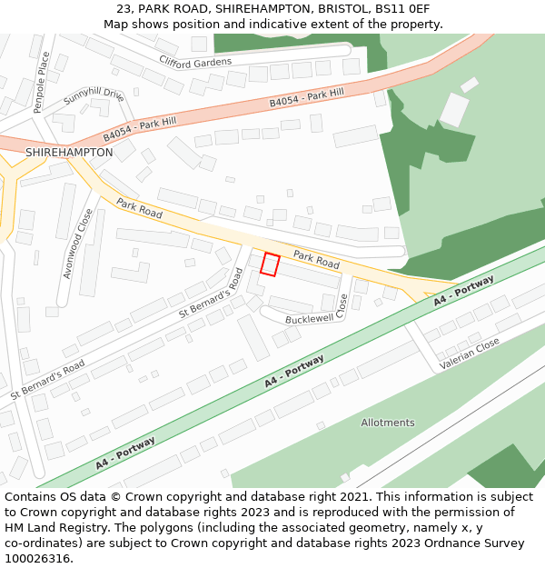 23, PARK ROAD, SHIREHAMPTON, BRISTOL, BS11 0EF: Location map and indicative extent of plot