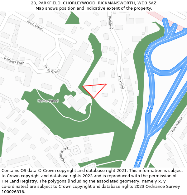 23, PARKFIELD, CHORLEYWOOD, RICKMANSWORTH, WD3 5AZ: Location map and indicative extent of plot