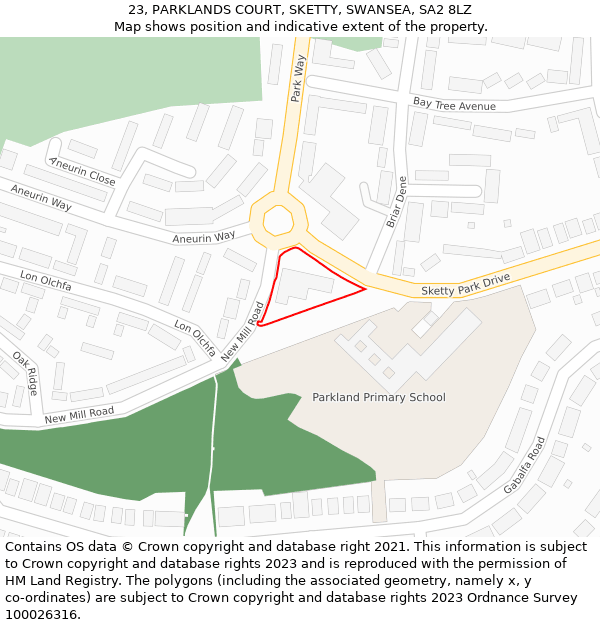 23, PARKLANDS COURT, SKETTY, SWANSEA, SA2 8LZ: Location map and indicative extent of plot