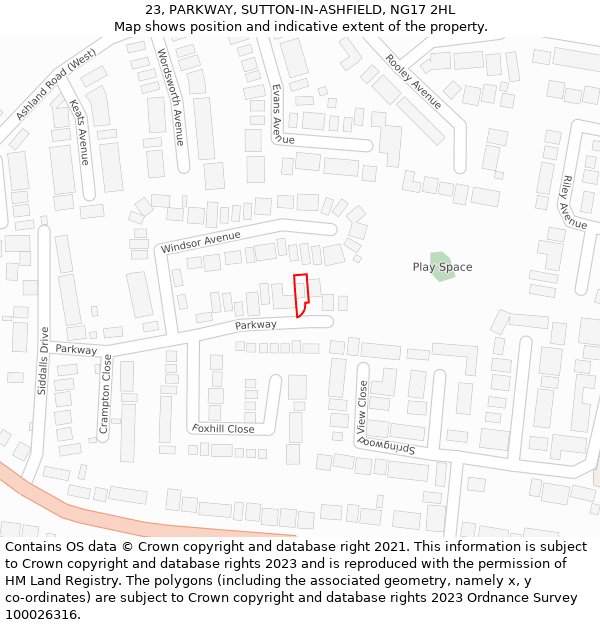 23, PARKWAY, SUTTON-IN-ASHFIELD, NG17 2HL: Location map and indicative extent of plot