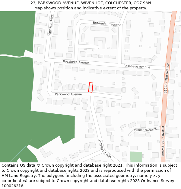 23, PARKWOOD AVENUE, WIVENHOE, COLCHESTER, CO7 9AN: Location map and indicative extent of plot