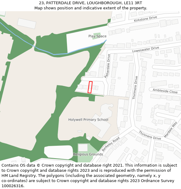 23, PATTERDALE DRIVE, LOUGHBOROUGH, LE11 3RT: Location map and indicative extent of plot