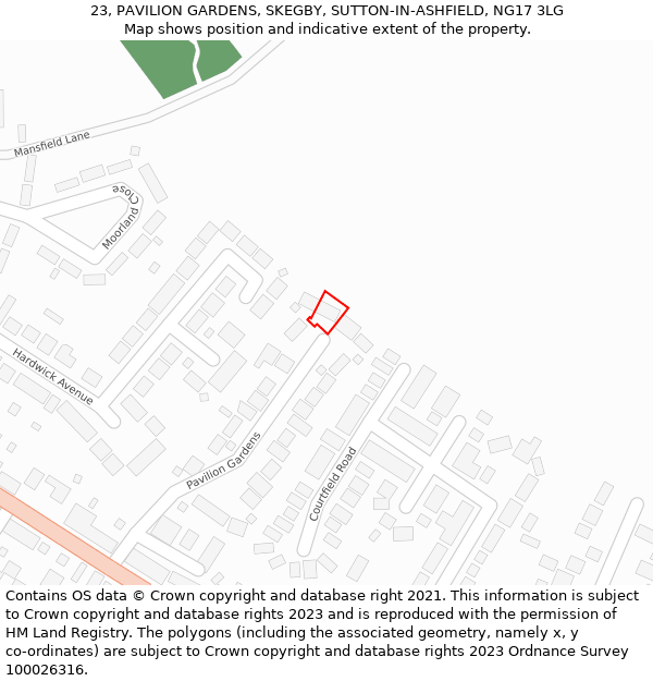 23, PAVILION GARDENS, SKEGBY, SUTTON-IN-ASHFIELD, NG17 3LG: Location map and indicative extent of plot