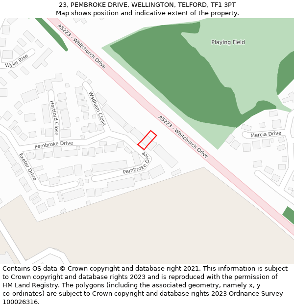 23, PEMBROKE DRIVE, WELLINGTON, TELFORD, TF1 3PT: Location map and indicative extent of plot
