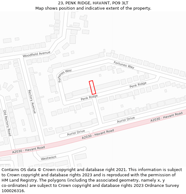 23, PENK RIDGE, HAVANT, PO9 3LT: Location map and indicative extent of plot