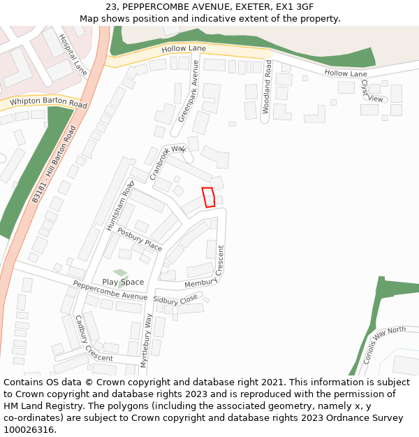 23, PEPPERCOMBE AVENUE, EXETER, EX1 3GF: Location map and indicative extent of plot