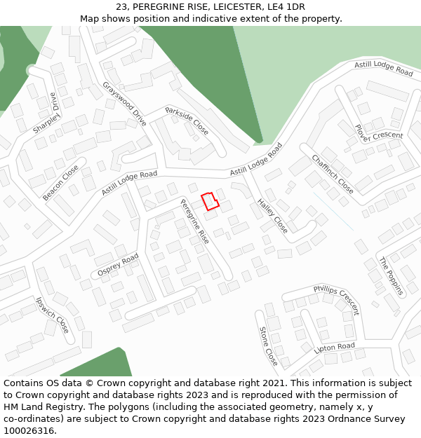 23, PEREGRINE RISE, LEICESTER, LE4 1DR: Location map and indicative extent of plot