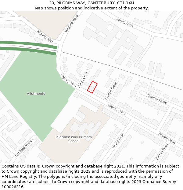 23, PILGRIMS WAY, CANTERBURY, CT1 1XU: Location map and indicative extent of plot