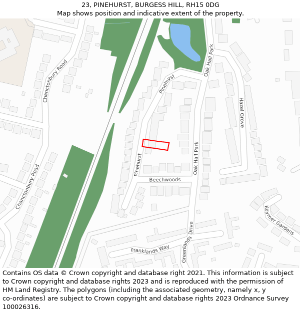 23, PINEHURST, BURGESS HILL, RH15 0DG: Location map and indicative extent of plot