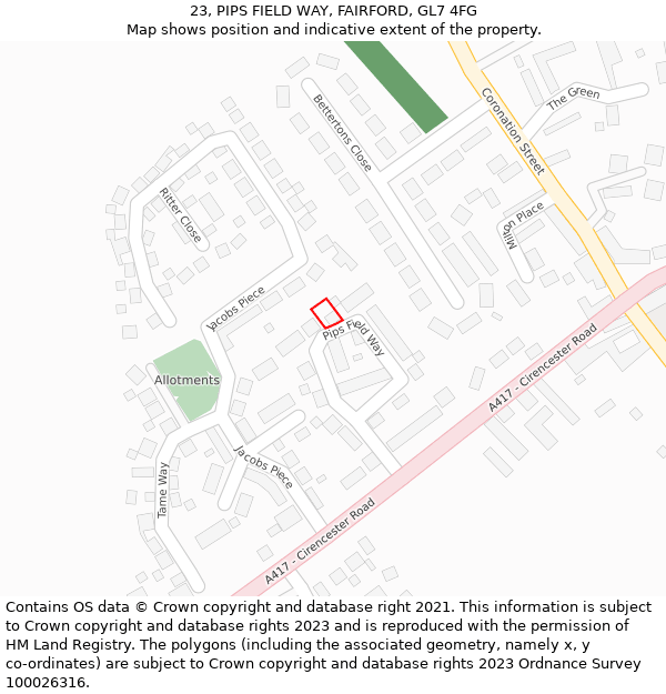 23, PIPS FIELD WAY, FAIRFORD, GL7 4FG: Location map and indicative extent of plot