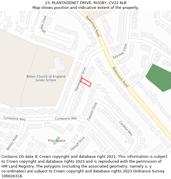 23, PLANTAGENET DRIVE, RUGBY, CV22 6LB: Location map and indicative extent of plot