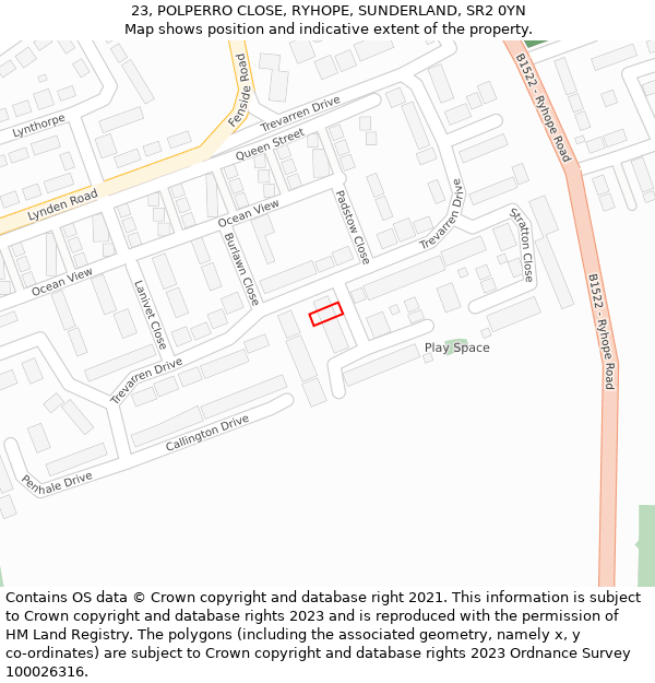 23, POLPERRO CLOSE, RYHOPE, SUNDERLAND, SR2 0YN: Location map and indicative extent of plot