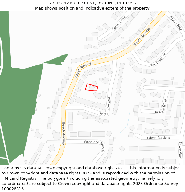 23, POPLAR CRESCENT, BOURNE, PE10 9SA: Location map and indicative extent of plot