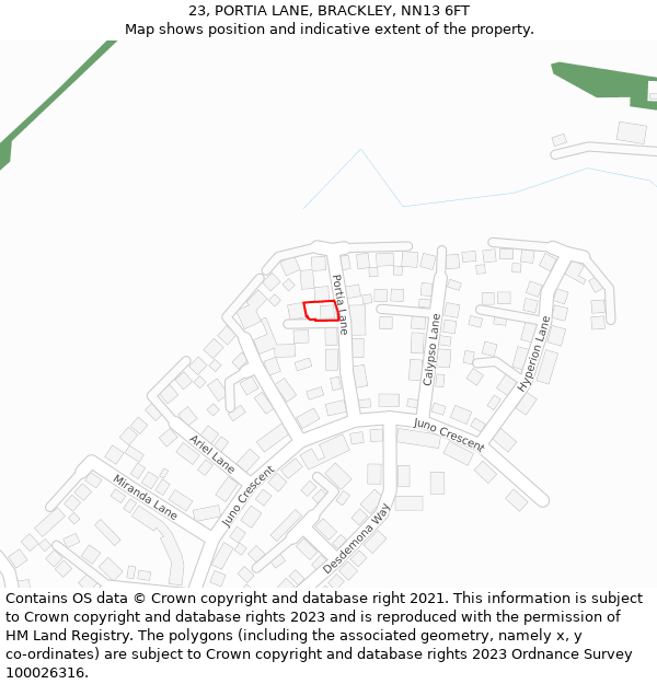 23, PORTIA LANE, BRACKLEY, NN13 6FT: Location map and indicative extent of plot