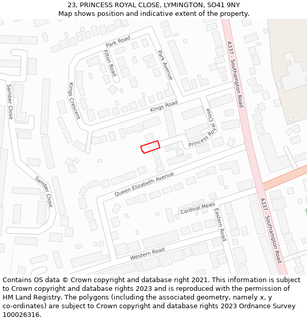 23, PRINCESS ROYAL CLOSE, LYMINGTON, SO41 9NY: Location map and indicative extent of plot