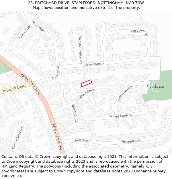 23, PRITCHARD DRIVE, STAPLEFORD, NOTTINGHAM, NG9 7GW: Location map and indicative extent of plot