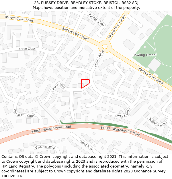 23, PURSEY DRIVE, BRADLEY STOKE, BRISTOL, BS32 8DJ: Location map and indicative extent of plot