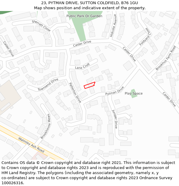 23, PYTMAN DRIVE, SUTTON COLDFIELD, B76 1GU: Location map and indicative extent of plot