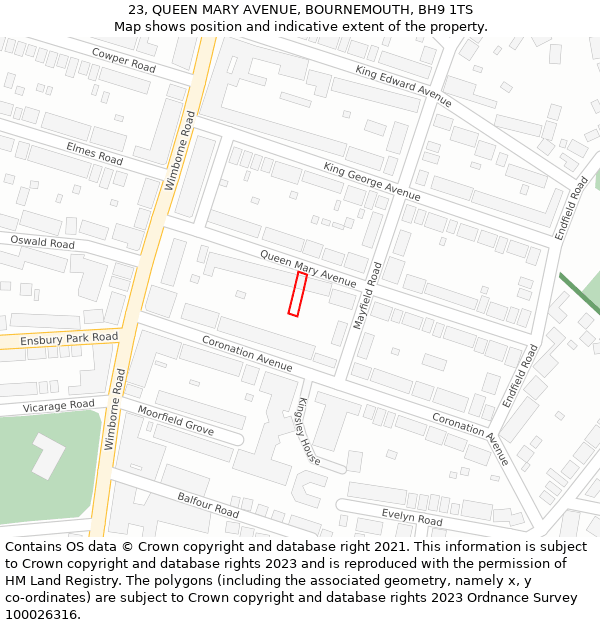 23, QUEEN MARY AVENUE, BOURNEMOUTH, BH9 1TS: Location map and indicative extent of plot