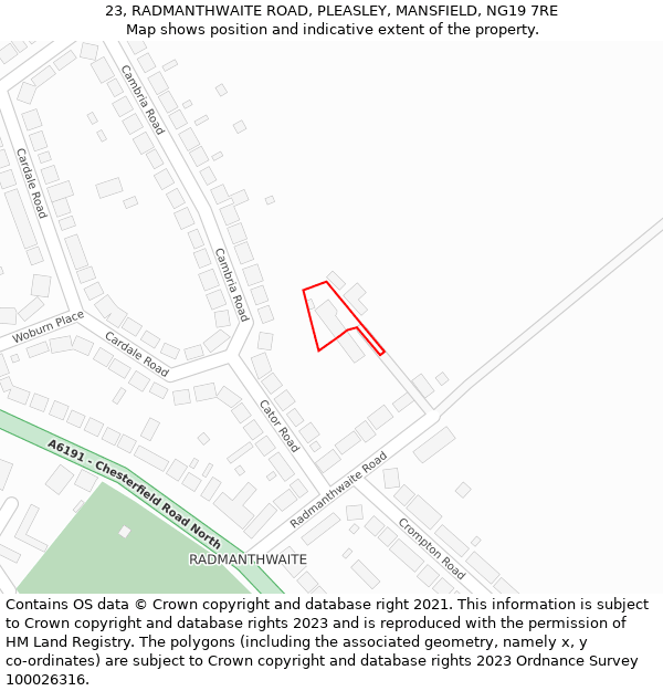 23, RADMANTHWAITE ROAD, PLEASLEY, MANSFIELD, NG19 7RE: Location map and indicative extent of plot