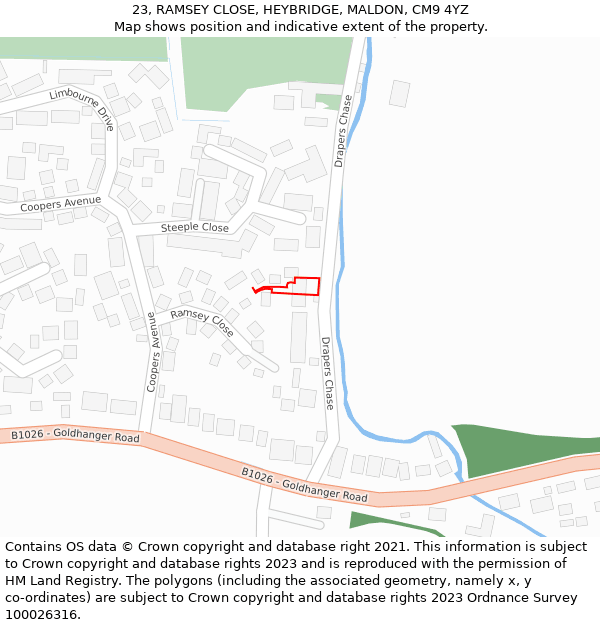 23, RAMSEY CLOSE, HEYBRIDGE, MALDON, CM9 4YZ: Location map and indicative extent of plot
