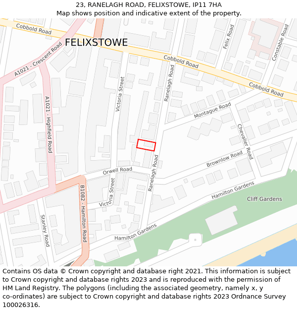 23, RANELAGH ROAD, FELIXSTOWE, IP11 7HA: Location map and indicative extent of plot