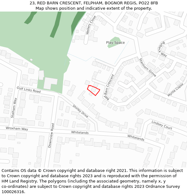 23, RED BARN CRESCENT, FELPHAM, BOGNOR REGIS, PO22 8FB: Location map and indicative extent of plot