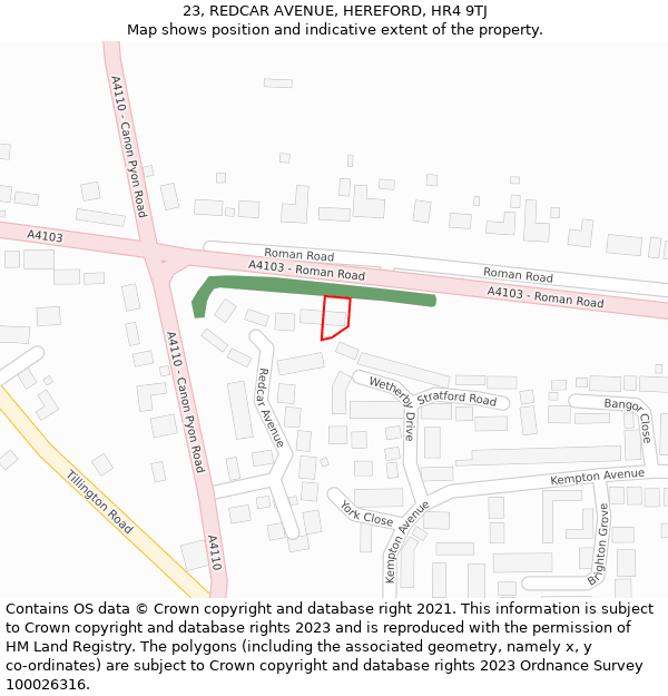 23, REDCAR AVENUE, HEREFORD, HR4 9TJ: Location map and indicative extent of plot
