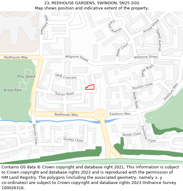 23, REDHOUSE GARDENS, SWINDON, SN25 2GG: Location map and indicative extent of plot