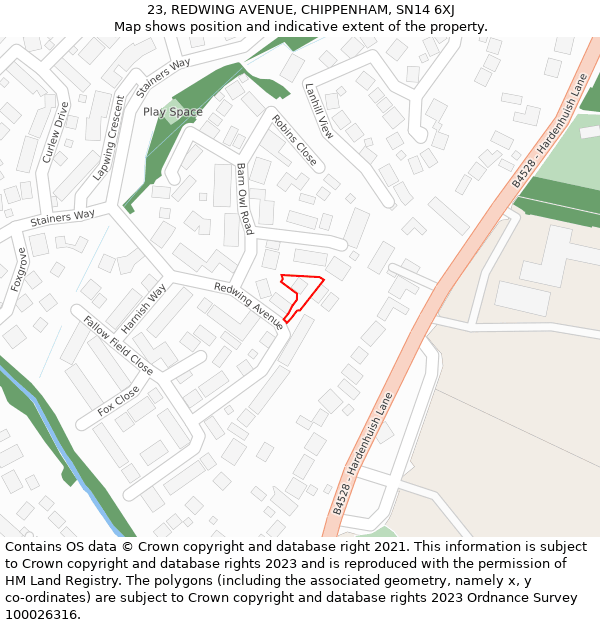 23, REDWING AVENUE, CHIPPENHAM, SN14 6XJ: Location map and indicative extent of plot