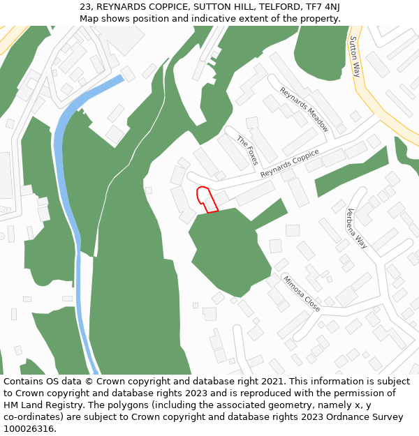 23, REYNARDS COPPICE, SUTTON HILL, TELFORD, TF7 4NJ: Location map and indicative extent of plot